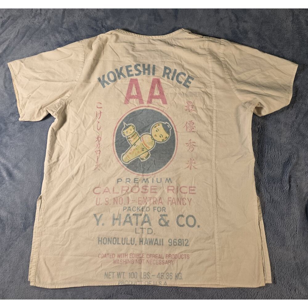 Vintage Kokeshi Rice Sack Shirt Y Hata Honolulu Hawaii Cotton V Neck - Picture 8 of 8